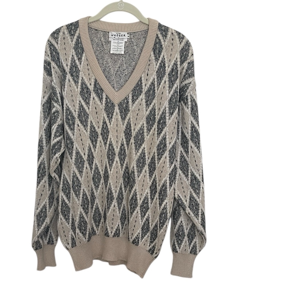 Jaeger Women's V-Neck Argyle Sweater Gray and Beige Made in Britain